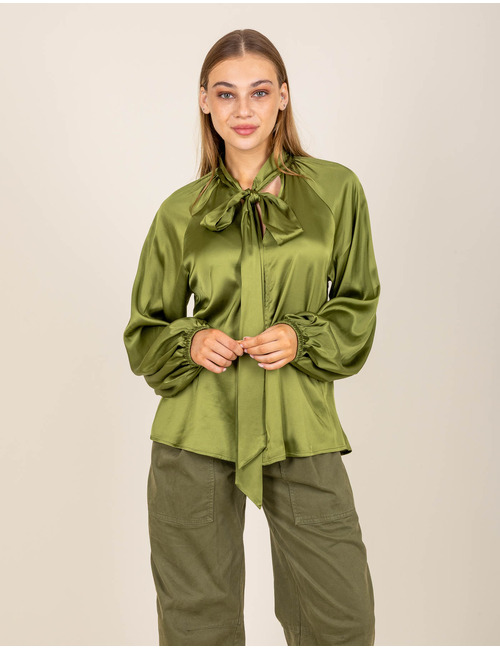 Blouse met strikkraag in kaki