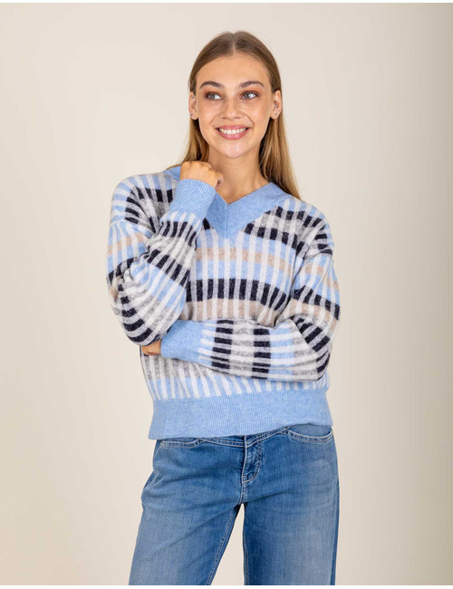 Pull à col V avec motif à carreaux bleu clair