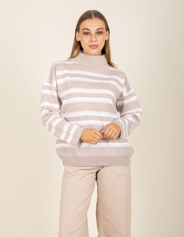 Pull rayé à manches longues écru