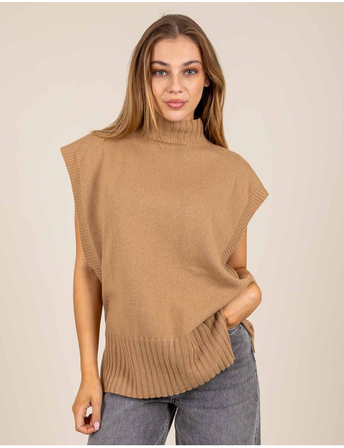 Gebreide pull zonder mouwen met hoge kraag