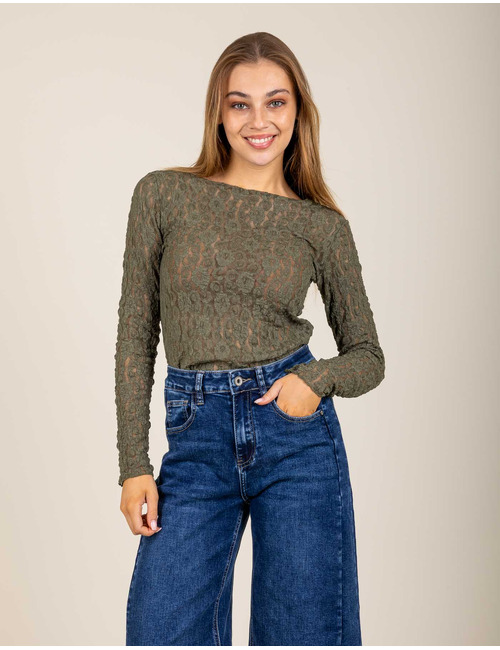 Giselle - transparant T-shirt met lange mouwen in kaki
