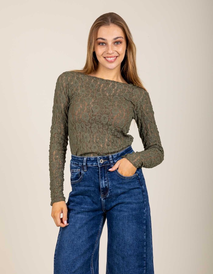 Giselle - transparant T-shirt met lange mouwen in kaki