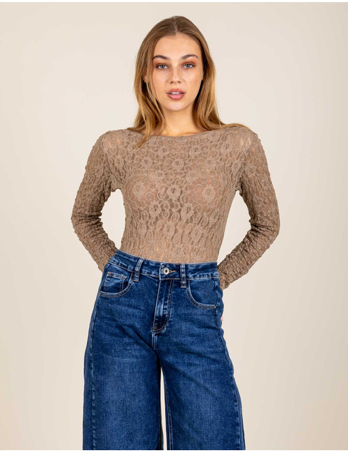 Giselle - transparante top met lange mouwen in taupe