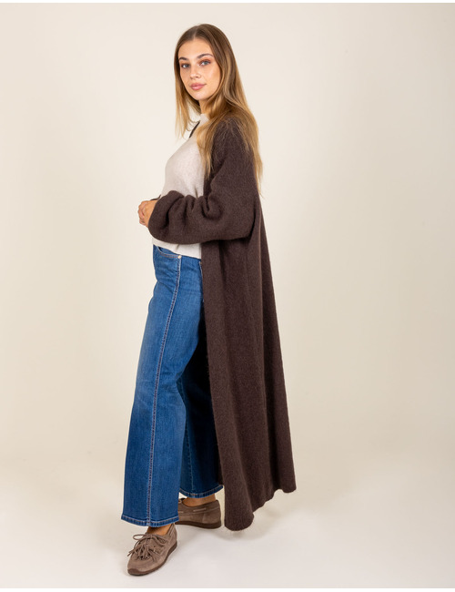 TANJA - Gilet long en maille brun foncé