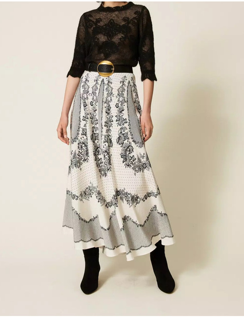 Jupe longue en satin jacquard à imprimé floral et pois