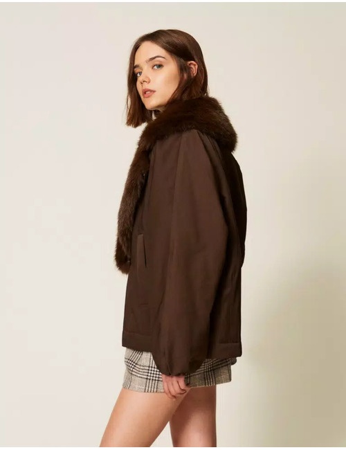 Veste en gabardine avec col amovible en fausse fourrure