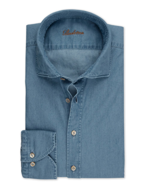 Slimline casual denim stretch hemd in blauw