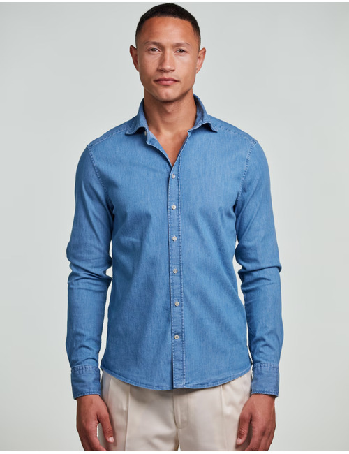 Slimline casual denim stretch hemd in blauw