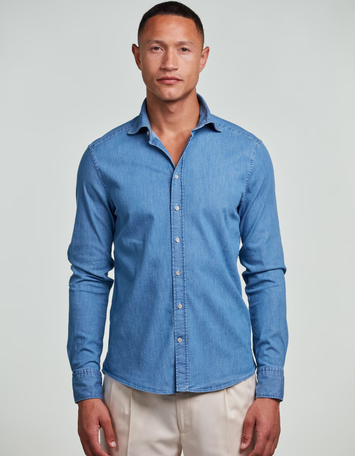 Slimline casual denim stretch hemd in blauw