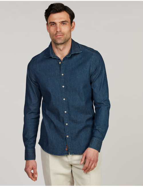 Slimline casual denim stretch hemd in donkerblauw