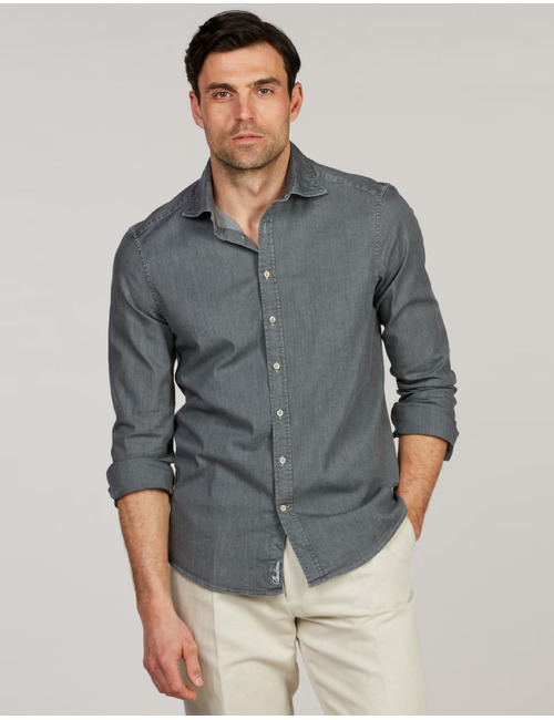 Slimline casual denim stretch hemd in grijs