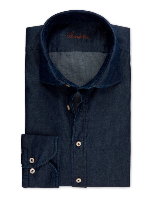 Slimline casual denim stretch hemd in donkerblauw