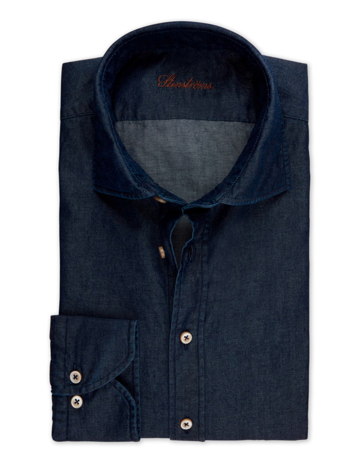 Slimline casual denim stretch hemd in donkerblauw