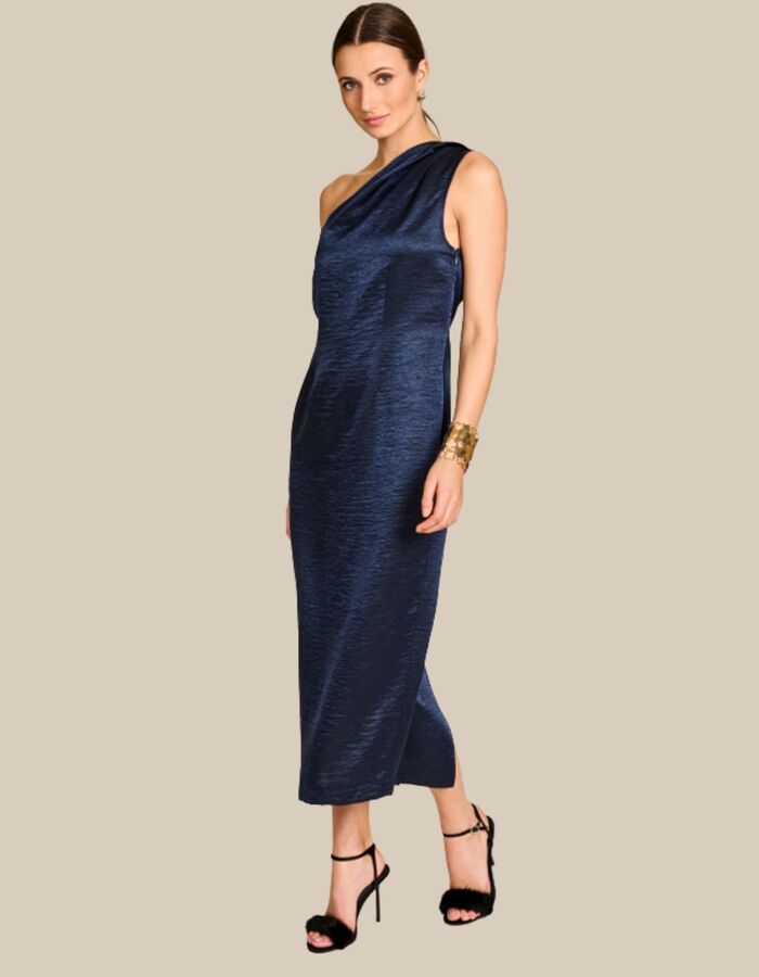 Delia - asymmetrisch kleed met gedrapeerde hals navy