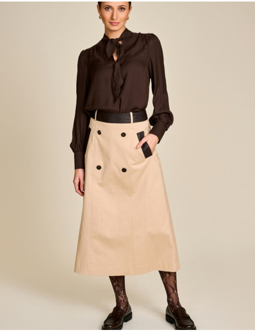 Susan - Midi rok met contrasterende leren details