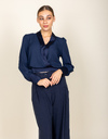 Blouse à col revers satiné et manches ballon bleu