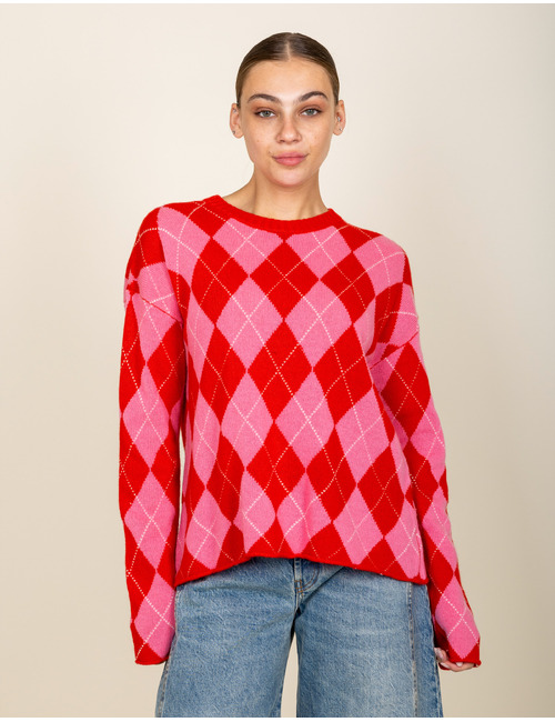 Gebreide pull met ruitpatroon in rood en roze