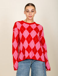Gebreide pull met ruitpatroon in rood en roze