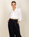 Blouse à col revers satiné et manches ballon blanc