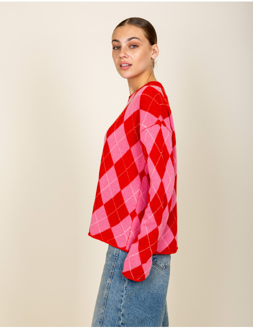 Gebreide pull met ruitpatroon in rood en roze