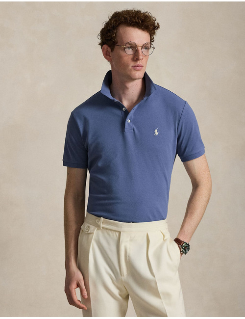 Custom slim fit stretch mesh polo in Capri Blue