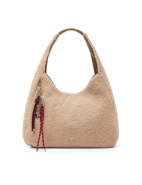 Schoudertas met teddystructuur beige