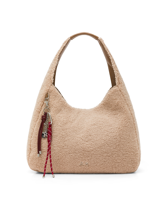Schoudertas met teddystructuur beige