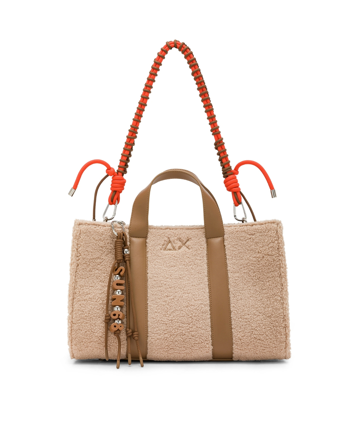 Cabas à texture teddy et détails cordons beige