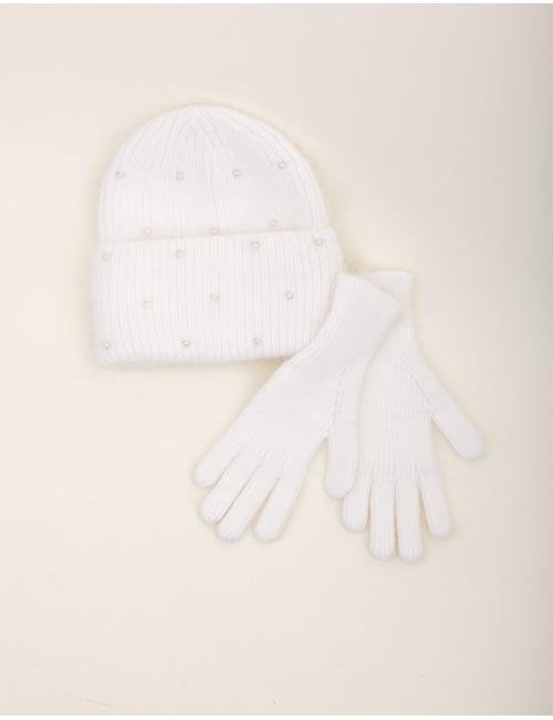 Ensemble bonnet et gants avec détails perlés blanc