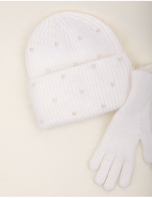 Ensemble bonnet et gants avec détails perlés blanc