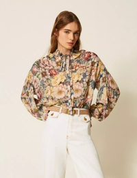 Bloes met bloemenprint en lurexstrepen indigoblauw