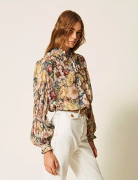 Bloes met bloemenprint en lurexstrepen indigoblauw
