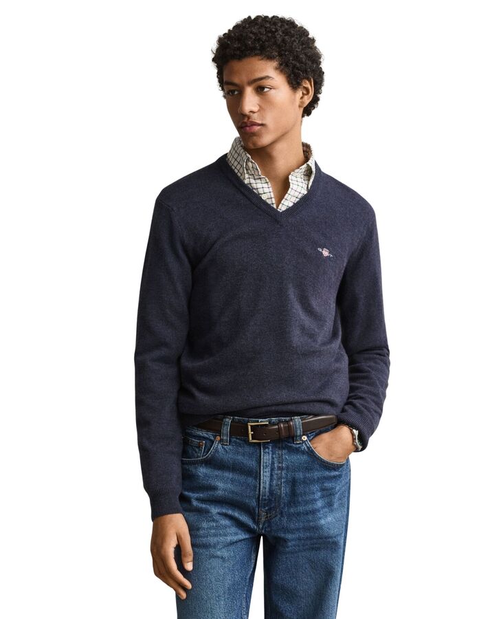 Pull en laine d’agneau à col V dark navy melange
