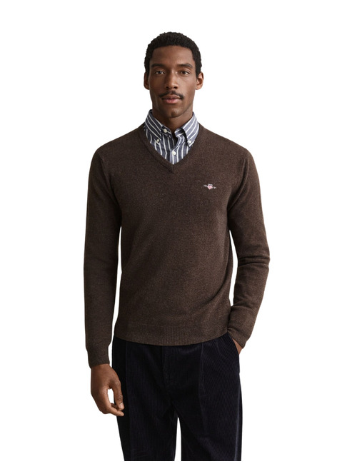 Lamswollen trui met V-hals dark brown melange
