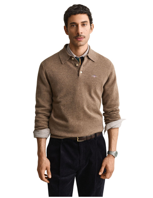 Pull polo en laine d’agneau superfine brun clair chiné