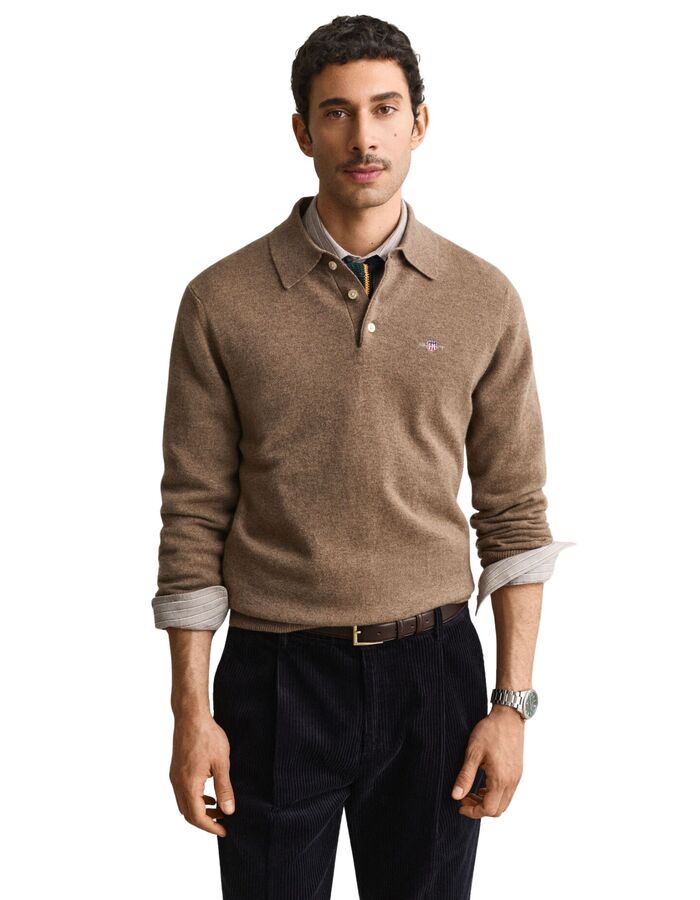 Pull polo en laine d’agneau superfine brun clair chiné