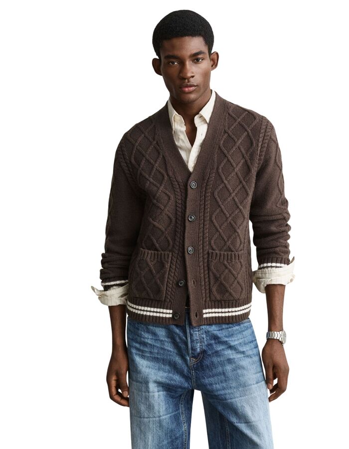 Kabelvest van lamswolmix met V-hals shadow brown
