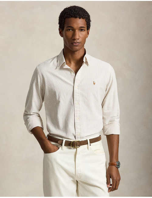 Custom fit oxford hemd met strepen classic camel white