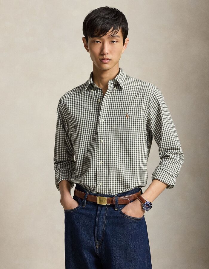 Custom fit gingham oxford hemd white olive shrub heather