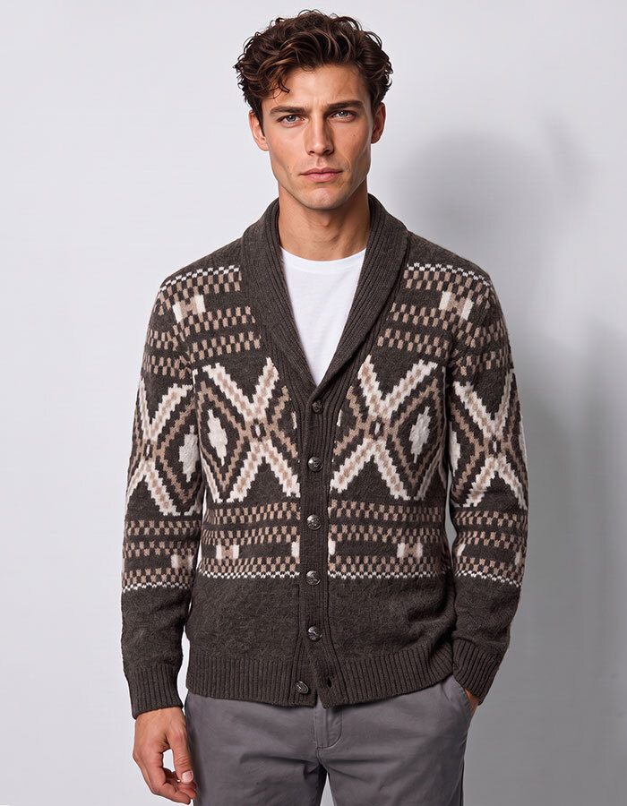 Mouliné jacquard cardigan met etnisch patroon bruin