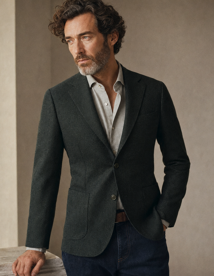Blazer met visgraatstructuur en stretch donkergroen