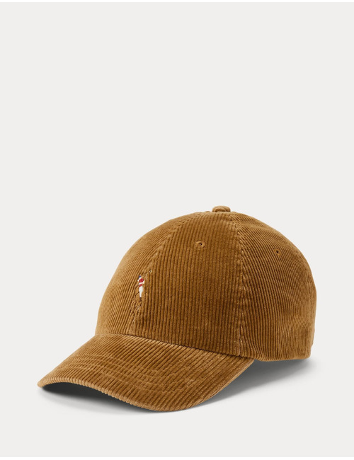 Corduroy pet met leren riempje goudbruin