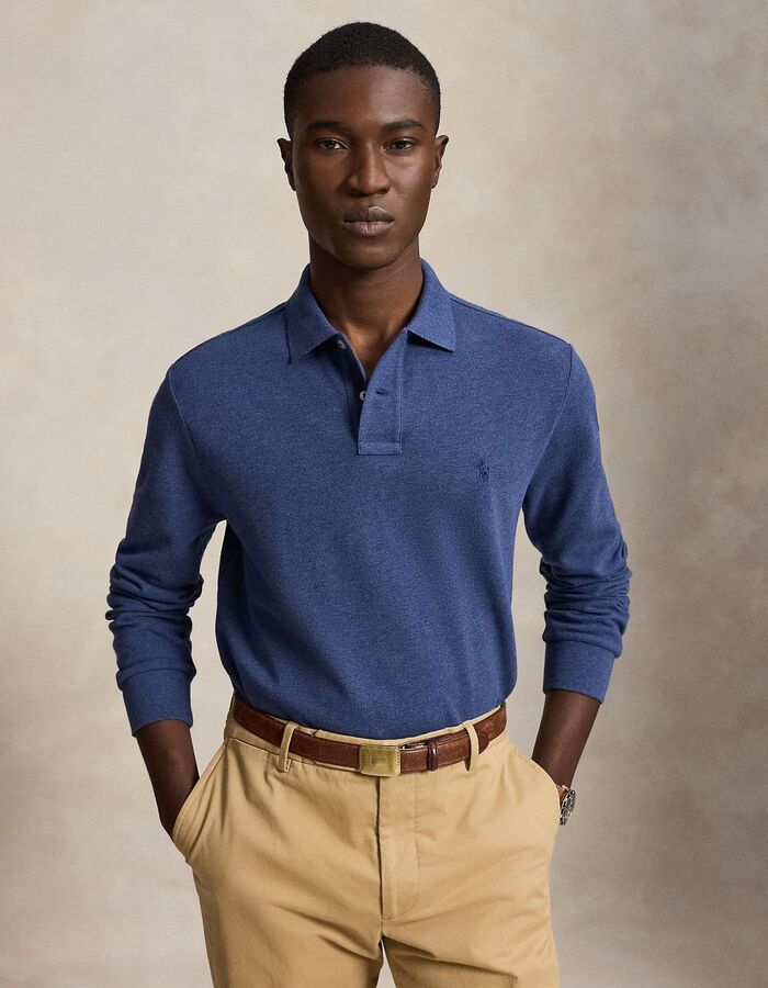 Custom Slim Fit katoenen polo gemêleerd blauw
