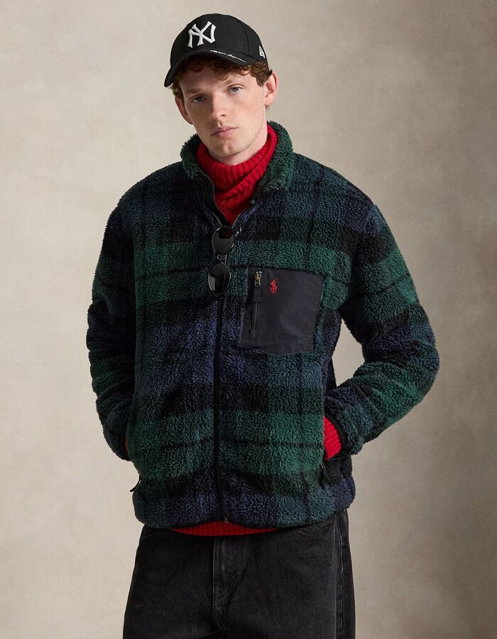 Pile fleece jas met Blackwatch ruit groen