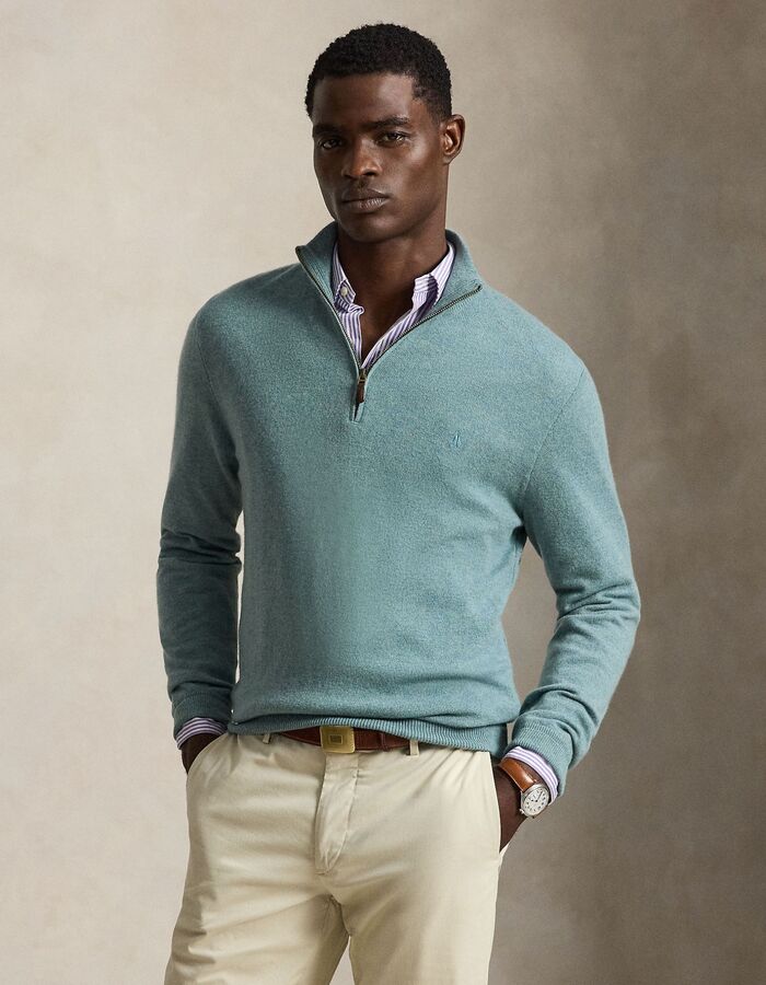 Pull en laine avec quart de zip turquoise