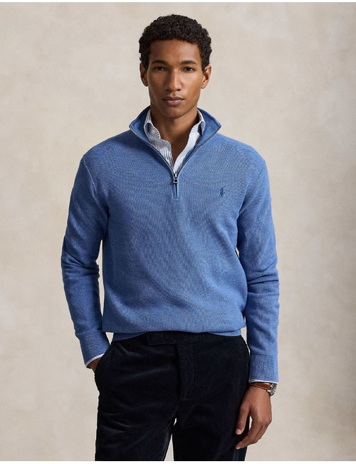 Katoenen trui met structuur en halve rits blauw