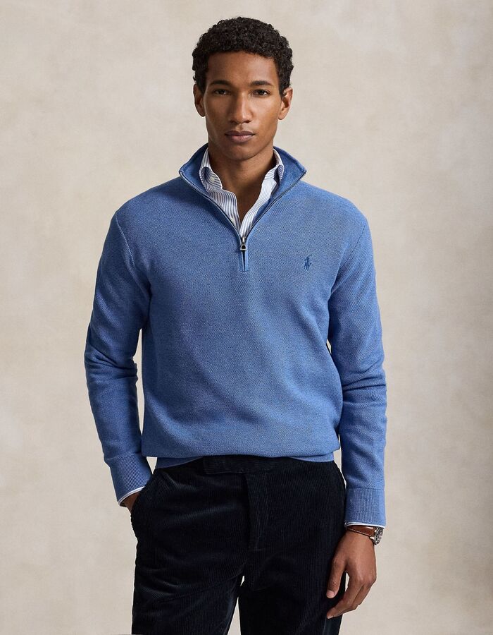 Katoenen trui met structuur en halve rits blauw