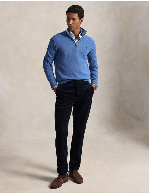 Katoenen trui met structuur en halve rits blauw
