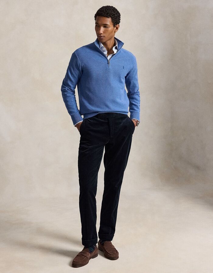 Pull en coton texturé avec quart de zip bleu