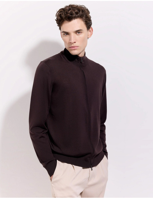 Full-zip trui in Royal Merino wol koffiebruin